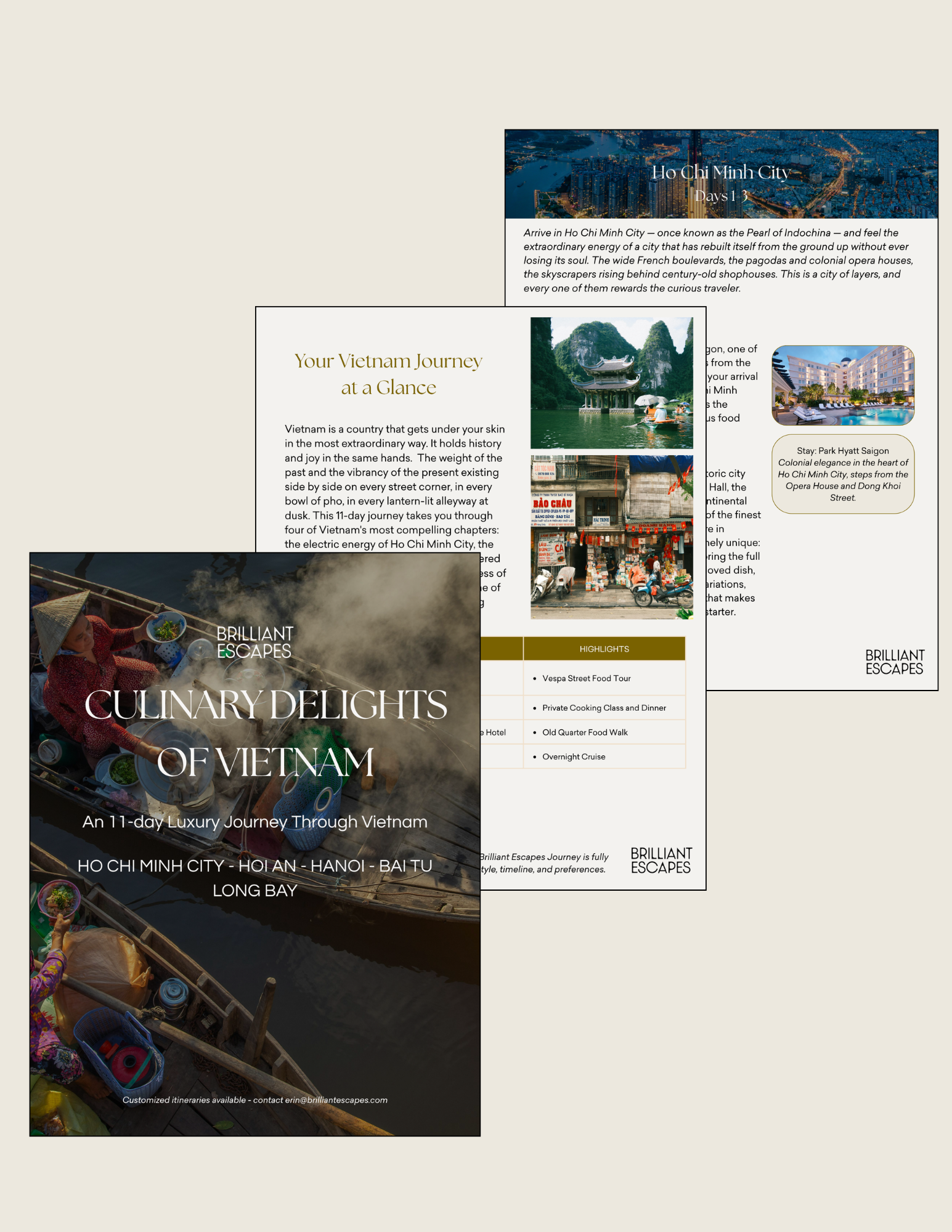 Promotional brochure for a luxury travel experience in Vietnam, featuring images of a boat on a river, a mountain landscape, a street market scene, and a resort pool, with text about culinary tours, city highlights, and customized itineraries.