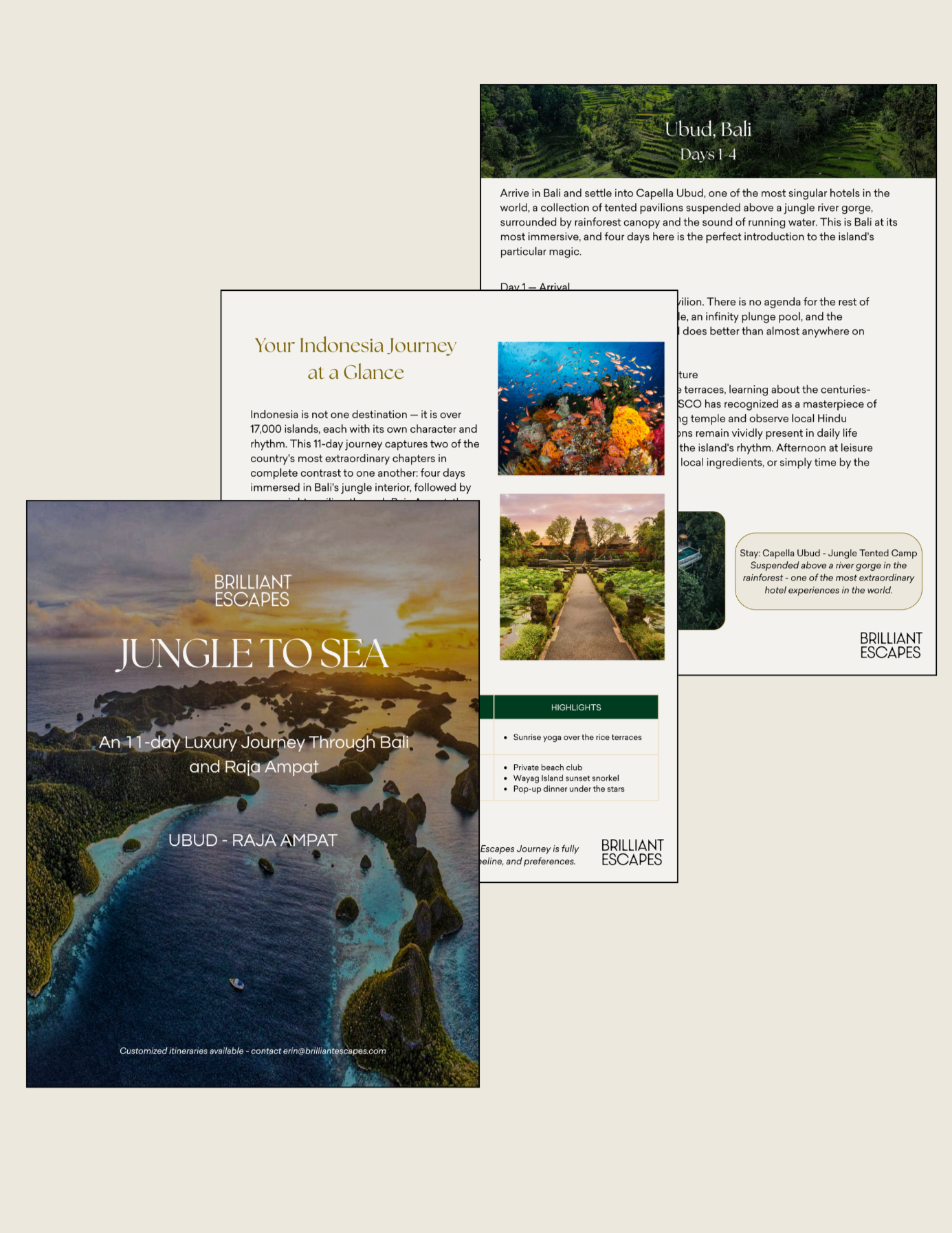 Brochure covers for travel guides about Bali and Raja Ampat in Indonesia, featuring aerial views of beaches, reefs, and lush landscapes.