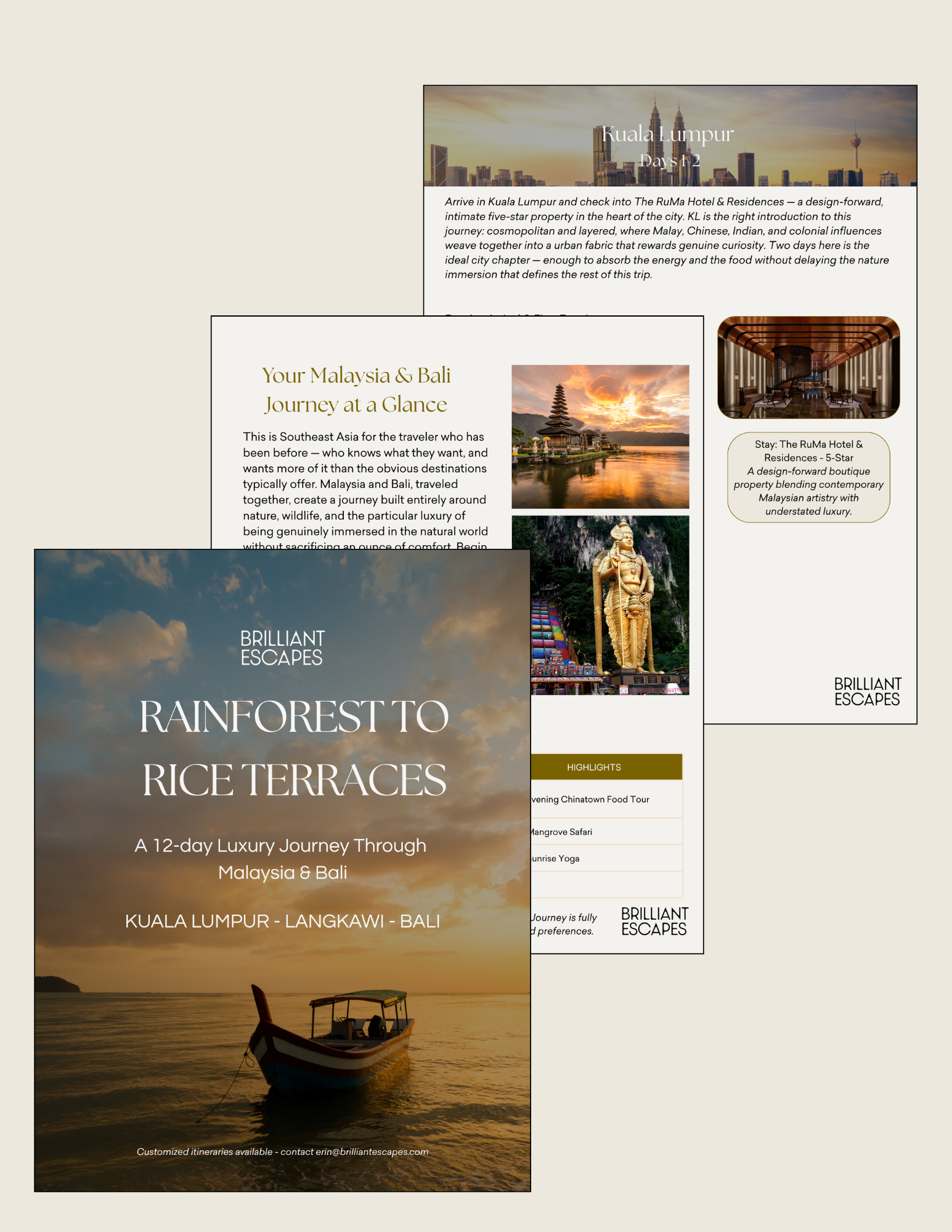 Travel brochure for a luxury journey through Malaysia and Bali, featuring a sunset over water with a boat, titled 'Rainforest to Rice Terraces'