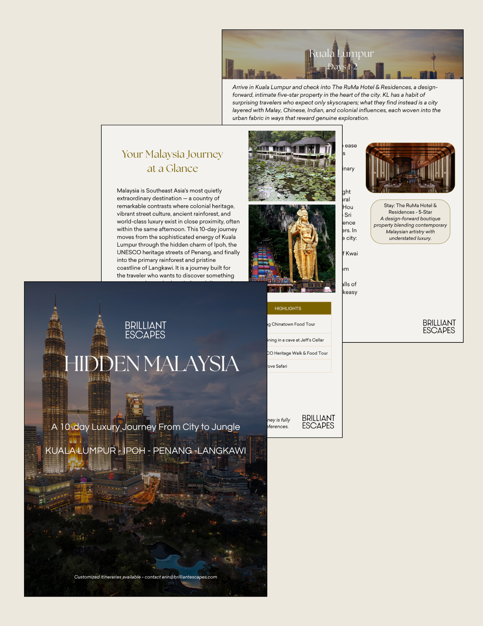 A travel brochure featuring Kuala Lumpur's skyline at sunset, highlighting a 10-day luxury journey from the city to the jungle with images of iconic landmarks and accommodations.