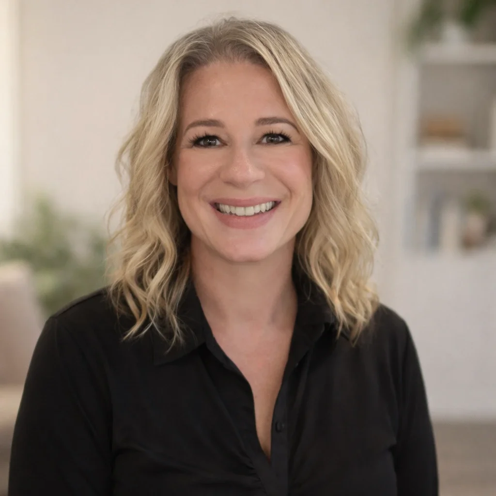 A smiling woman with shoulder-length blonde curly hair wearing a black shirt in a blurred indoor setting.