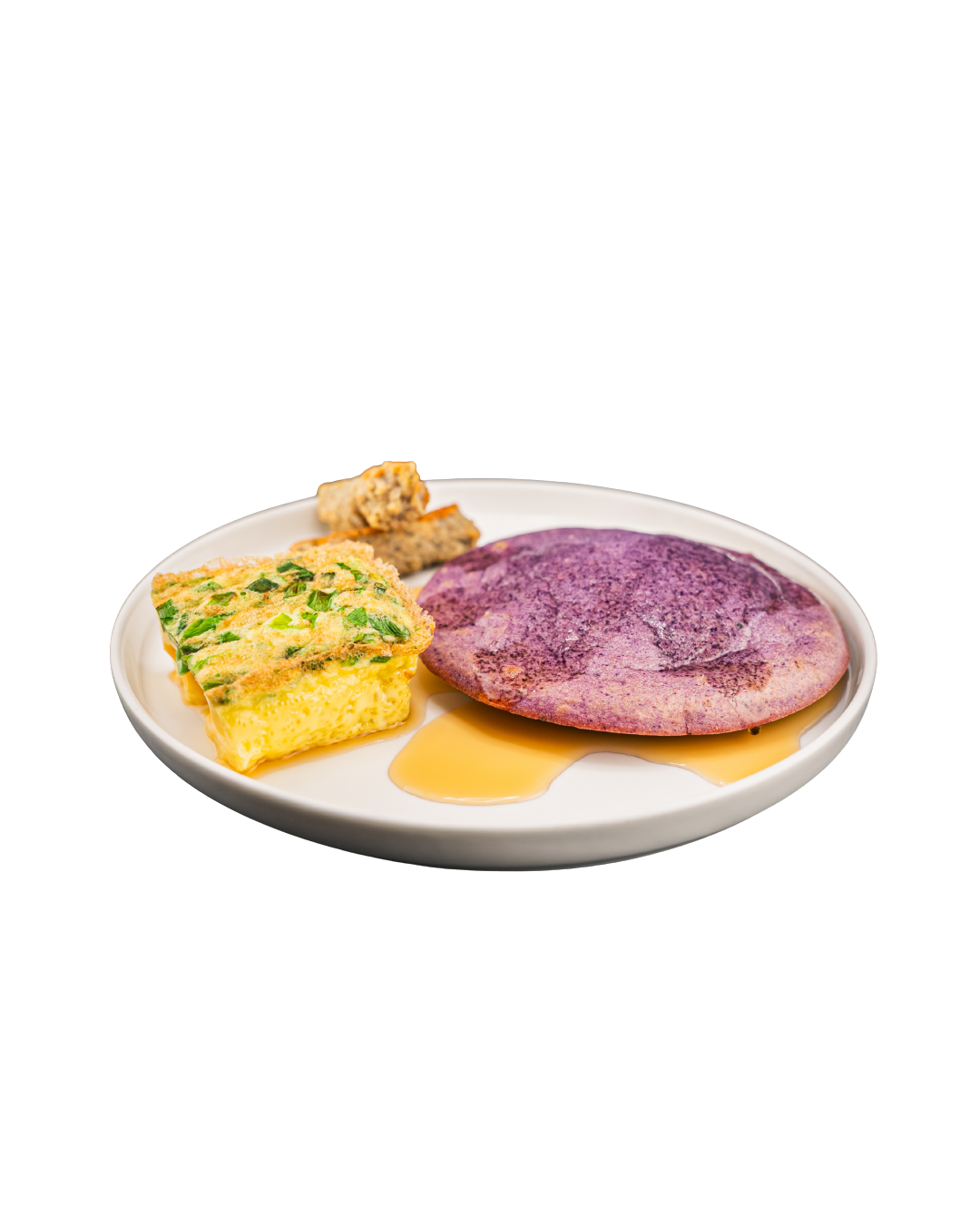 Ube pancakes and eggs
