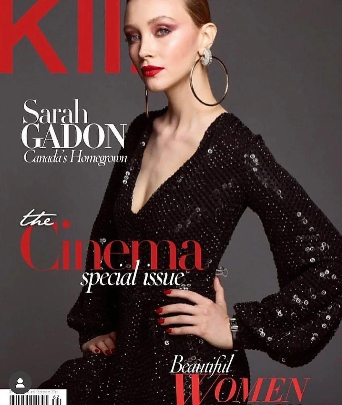 Dress to kill magazine cover featuring makeup by Anna nenoiu for Sarah Gadon