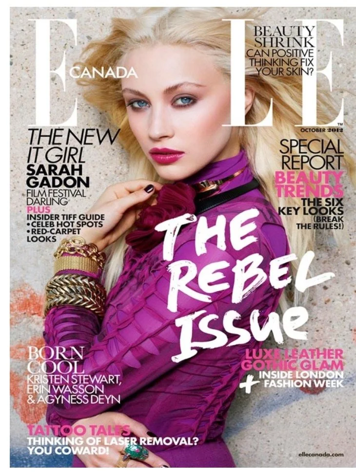 Elle Canada Magazine conver featuring Sarah Gadon hair amd makeup by Anna Nenoiu 