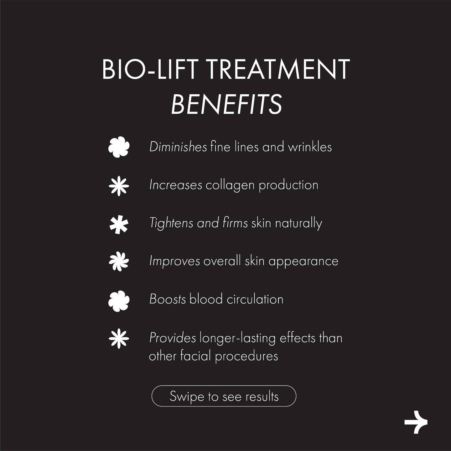 Discover the magic of our Bio-LIFT Treatment! Transform your skin with benefits that go beyond the surface. With increased collagen production, say goodbye to fine lines and wrinkles. Feel the natural firmness return to your skin, witness a visible i