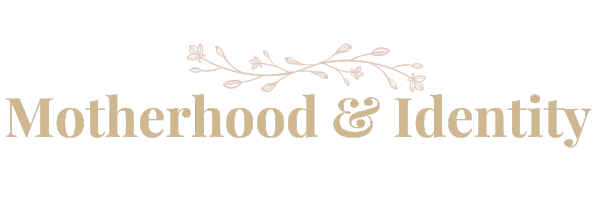 Text that reads 'Motherhood & Identity' with decorative floral accents above the words, set against a black background.