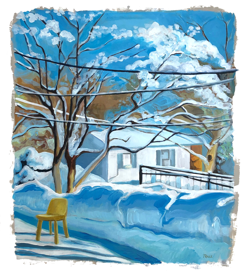 Yellow Chair of the Snow Banks, Acrylic and Image Transfer, 16 1/8" x 18"