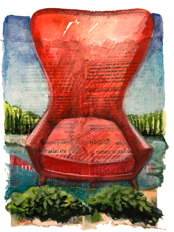 Wing Chair of the Reservoir, Mixed Media, 5" x 7"