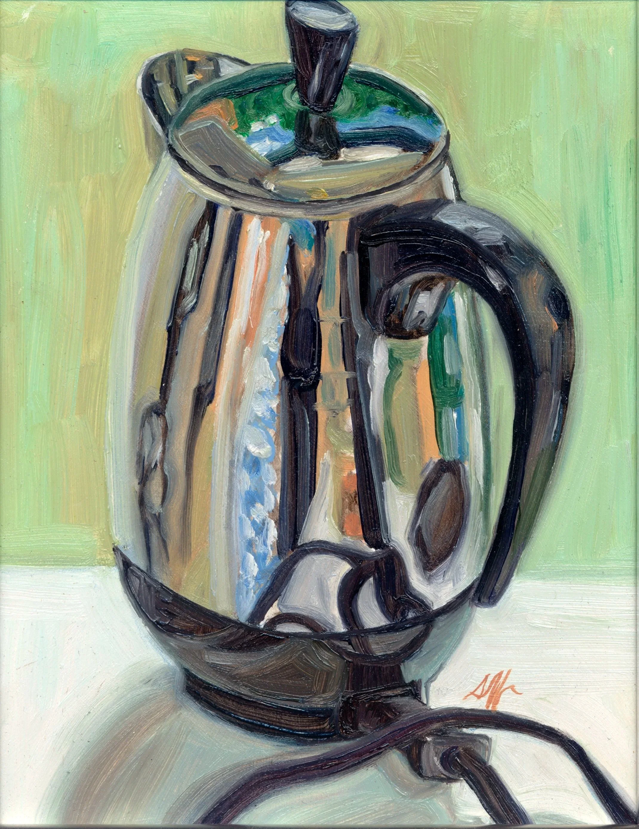 Old, Reliable, Stainless Steel Coffee Perker, OIl on Panel. 8" x 10"