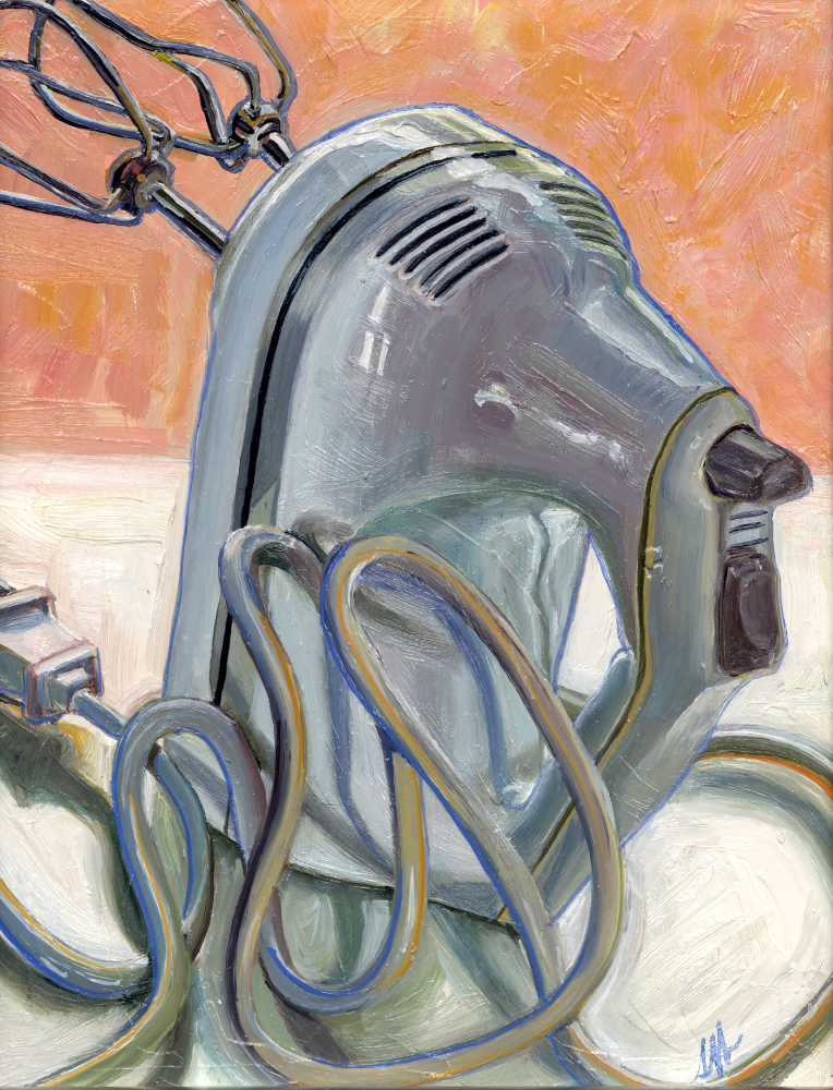 Plastic, Stainless Trimmed Mixer by Hand, Oil on Panel, 8" x 10"