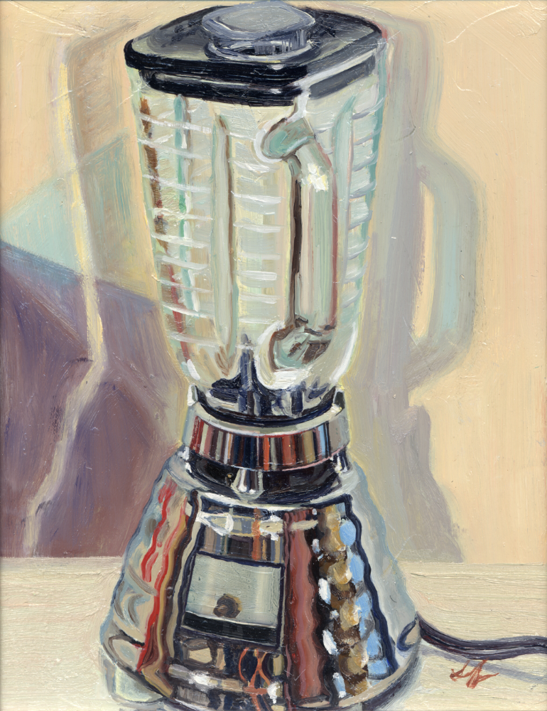 Classy, Chrome and Glass Blender of Fluids, OIl on Panel, 8" x 10"