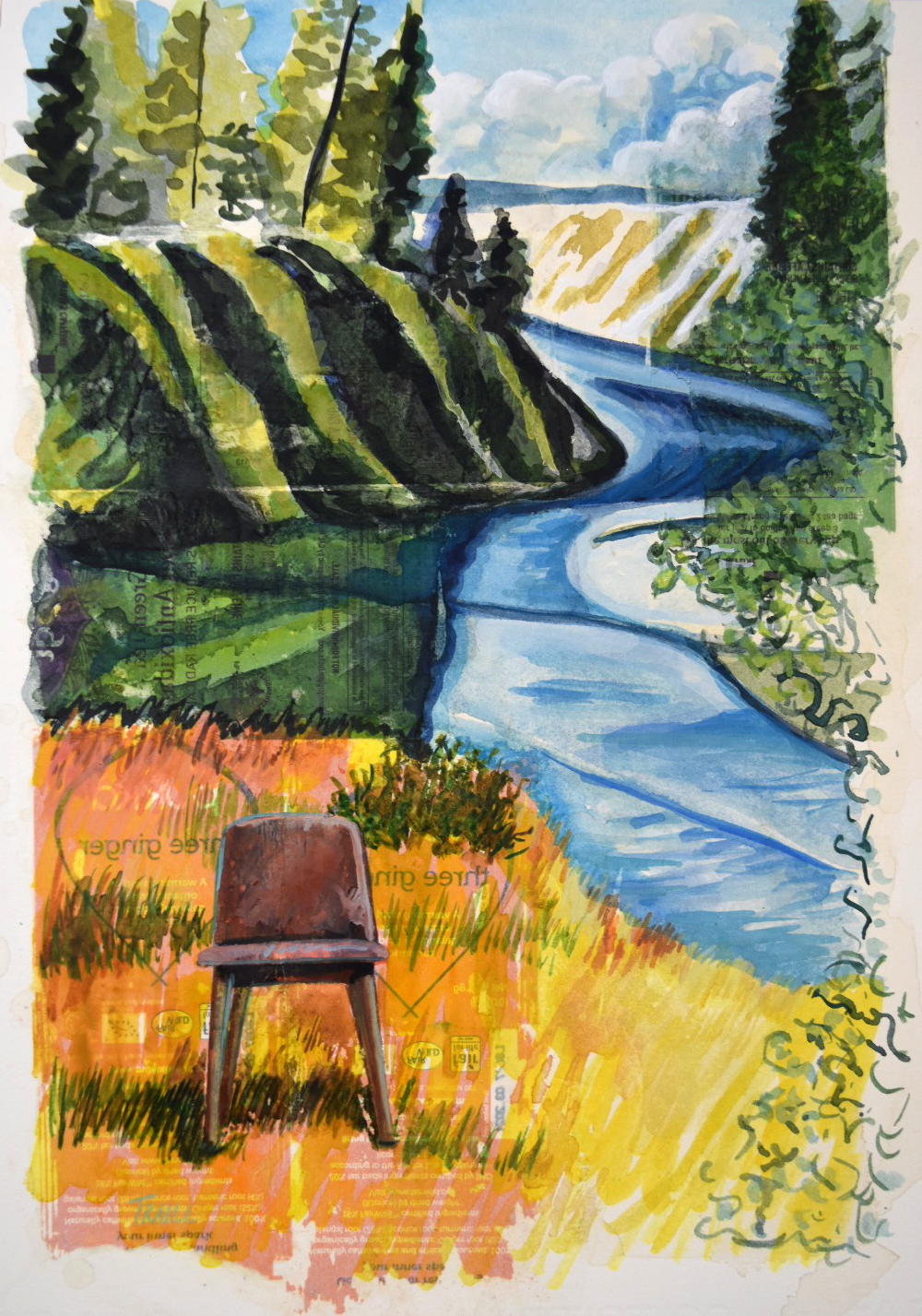 A Seat by the Firehole, Mixed Media, 9.75" x 14"