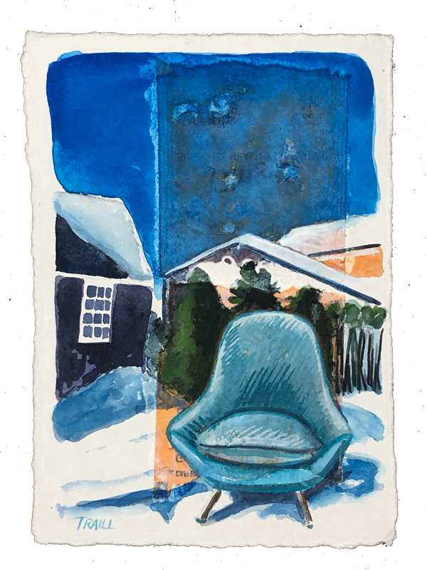 Womb Chair in the Snow, Mixed Media, 5" x 7"