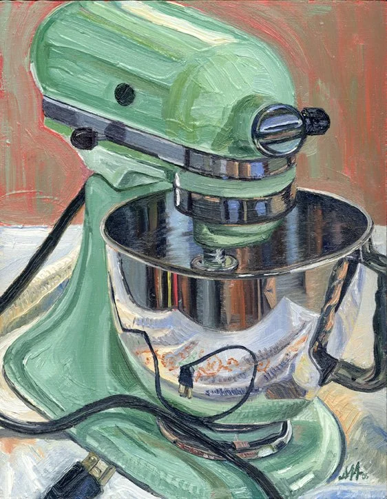 Pistachio, Retro-Designed, Chrome Flour Mixer #II, Oil on Panel, 8" x 10"