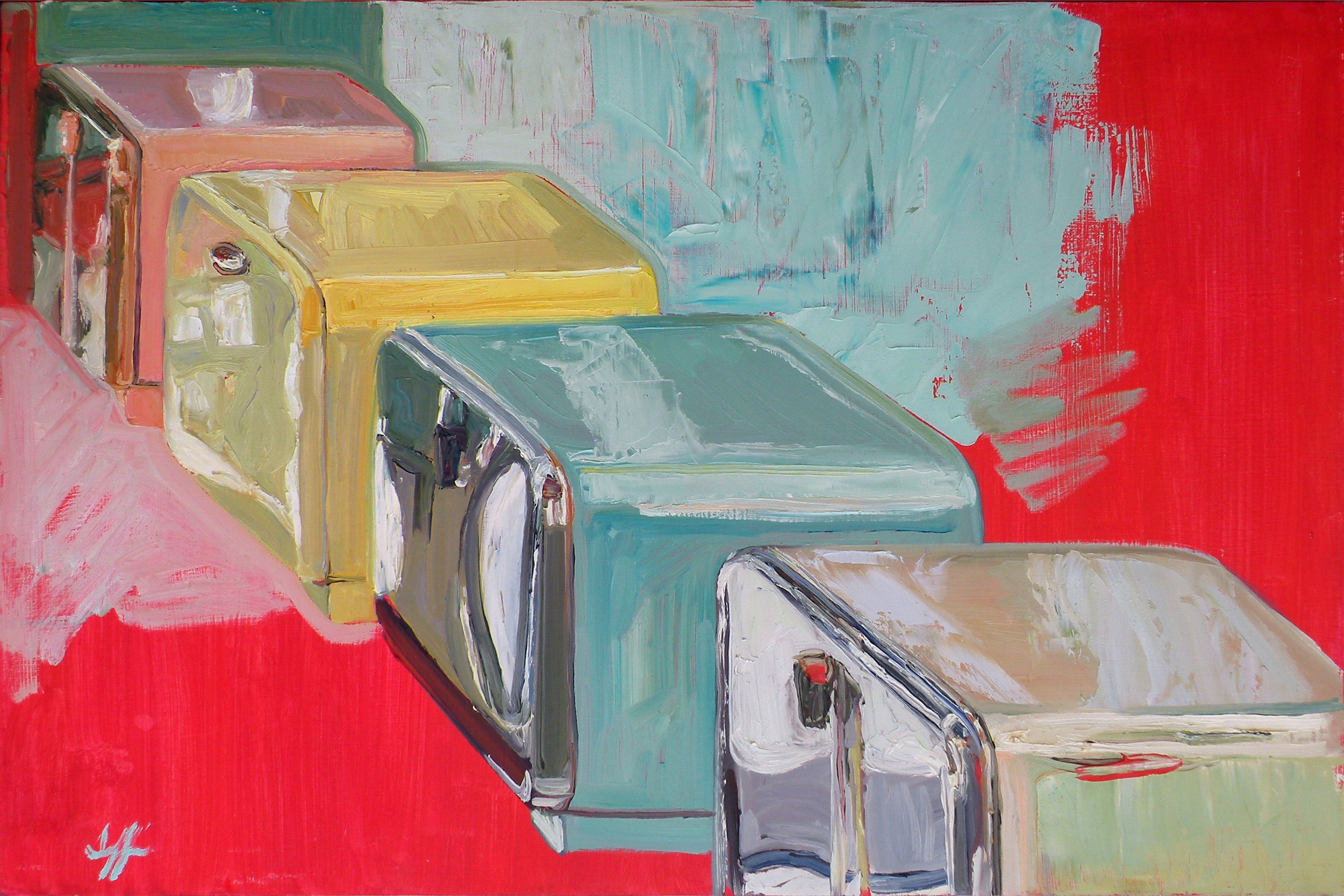 Shiny Metal Encasements for Bread, OIl on Panel, 24" x 16"