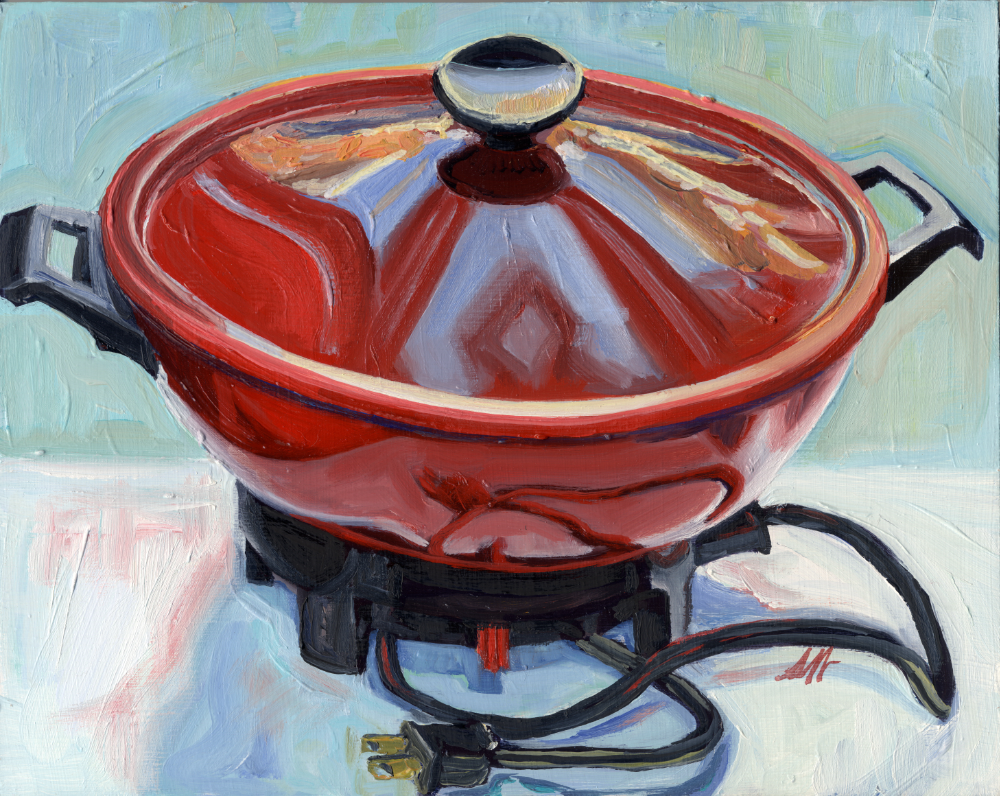 Flame Red, Once Trendy Enameled and Electric Asian Style Food Cooker, Oil on Panel, 10" x 8"