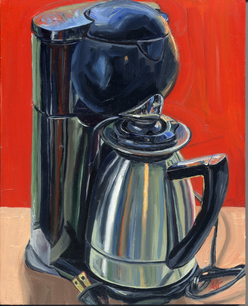 Retro-Designed, Plastic and Brushed Stainless Coffee Dripper, Oil on Panel, 8" x 10"