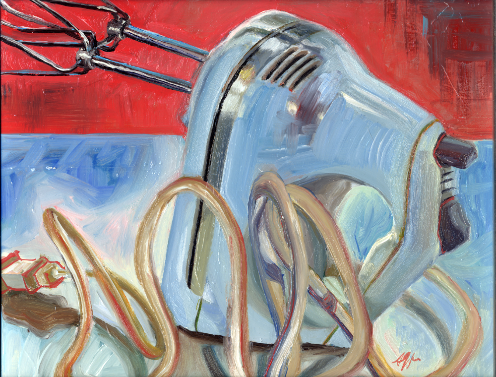 Plastic, Stainless Trimmed Mixer by Hand, Horizontal, Oil on Panel, 10' x 8"