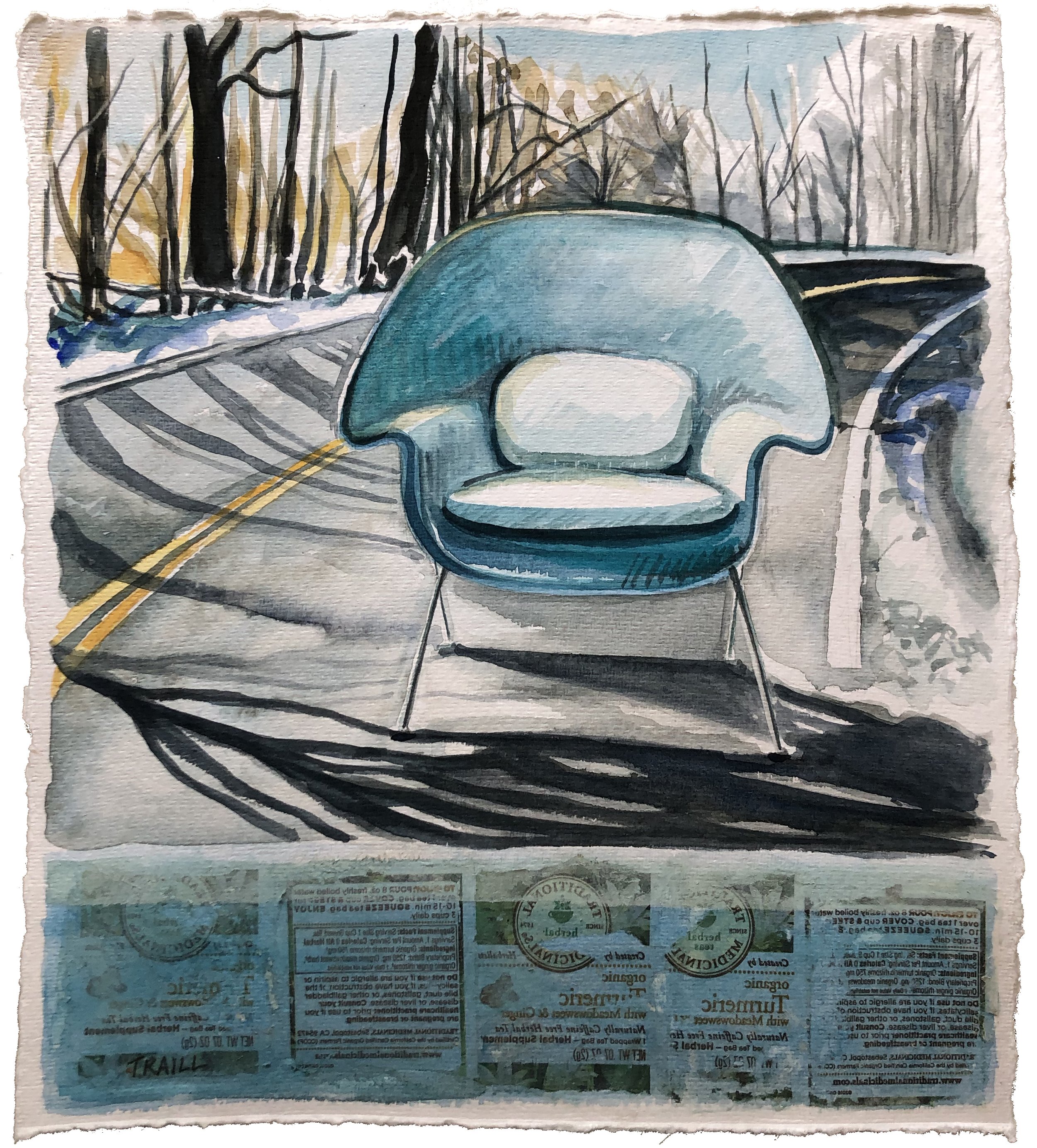 A Seat in the Snow, Mixed Media, 12.5" x 14"