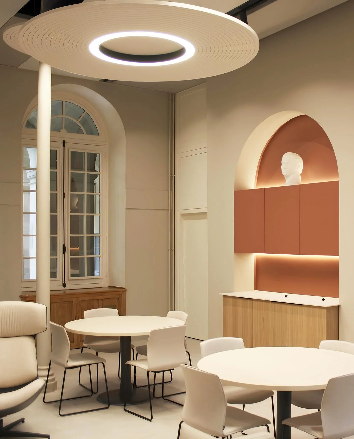 LYC&Eacute;E HENRI IV; Renovation of the staff room + reception area of this educational space. Embracing soft neutrals and calm cools through acoustical lighting treatments by @impactacoustic 

Project Management + Design:
@goarchitecture_vallee 
Pr