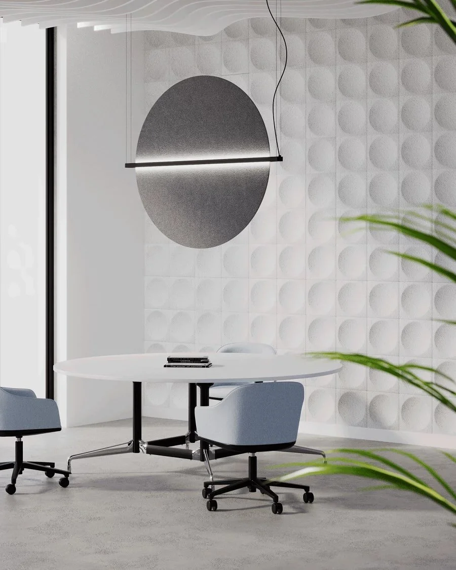 A new lighting collection setting the space through its clean lines and playful lighting effect. ✨💡

Meet HORIZON from Impact Acoustic: a circular acoustic luminaire that slices light with precision while softening space with texture. 

Paired here 