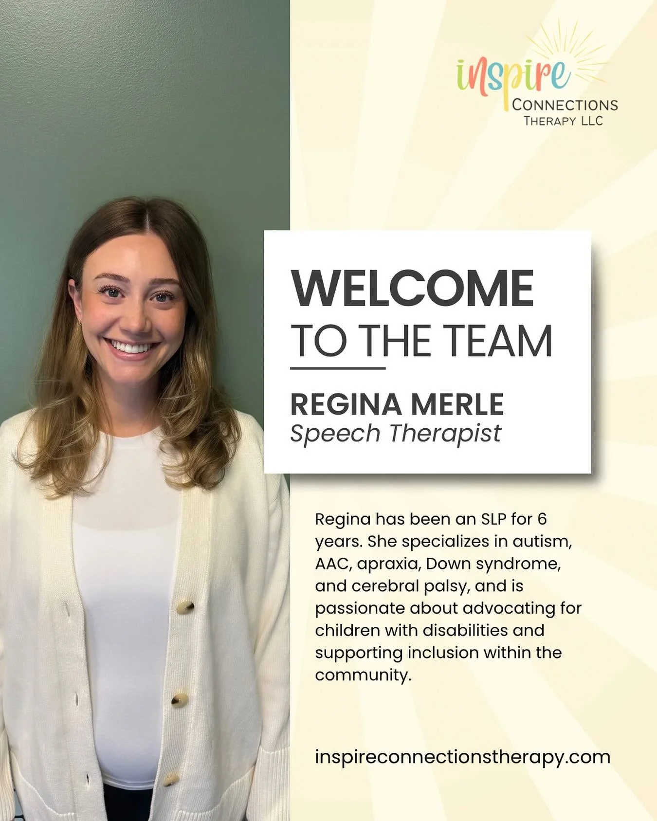 Welcome to the team! 

We are so excited to welcome Regina to our team! She will be working as a speech therapist and also completing Autism evaluations for us! 

She has a passion for working with kids and it&rsquo;s evident as soon as she meets the