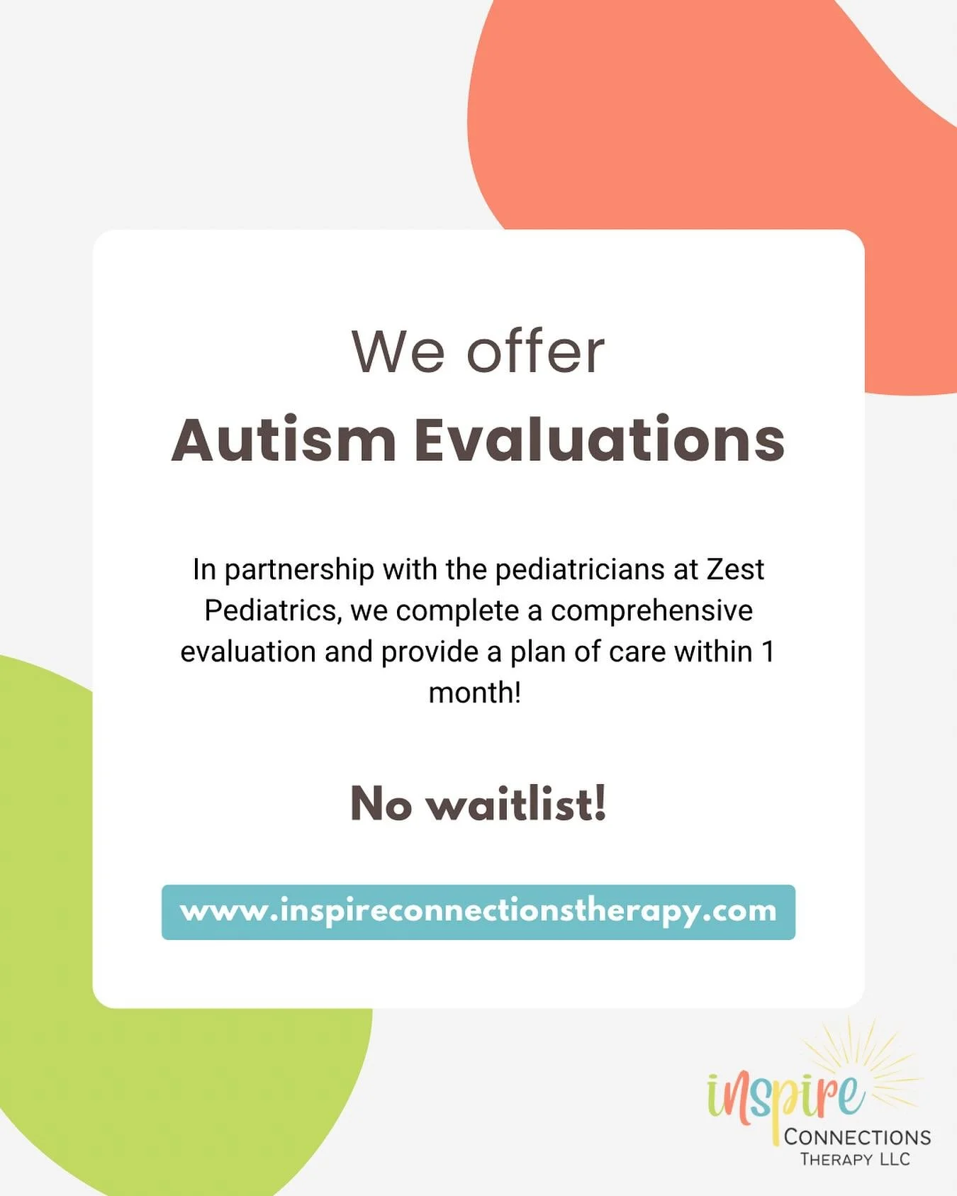 📣 Looking for an Autism Evaluation? We can help! 

Our process is 3 parts: 
1️⃣ Virtual caregiver interview 
2️⃣ ADOS assessment with your child 
3️⃣ Analysis and collaboration with a pediatrician to determine diagnosis. 

The whole process takes ab