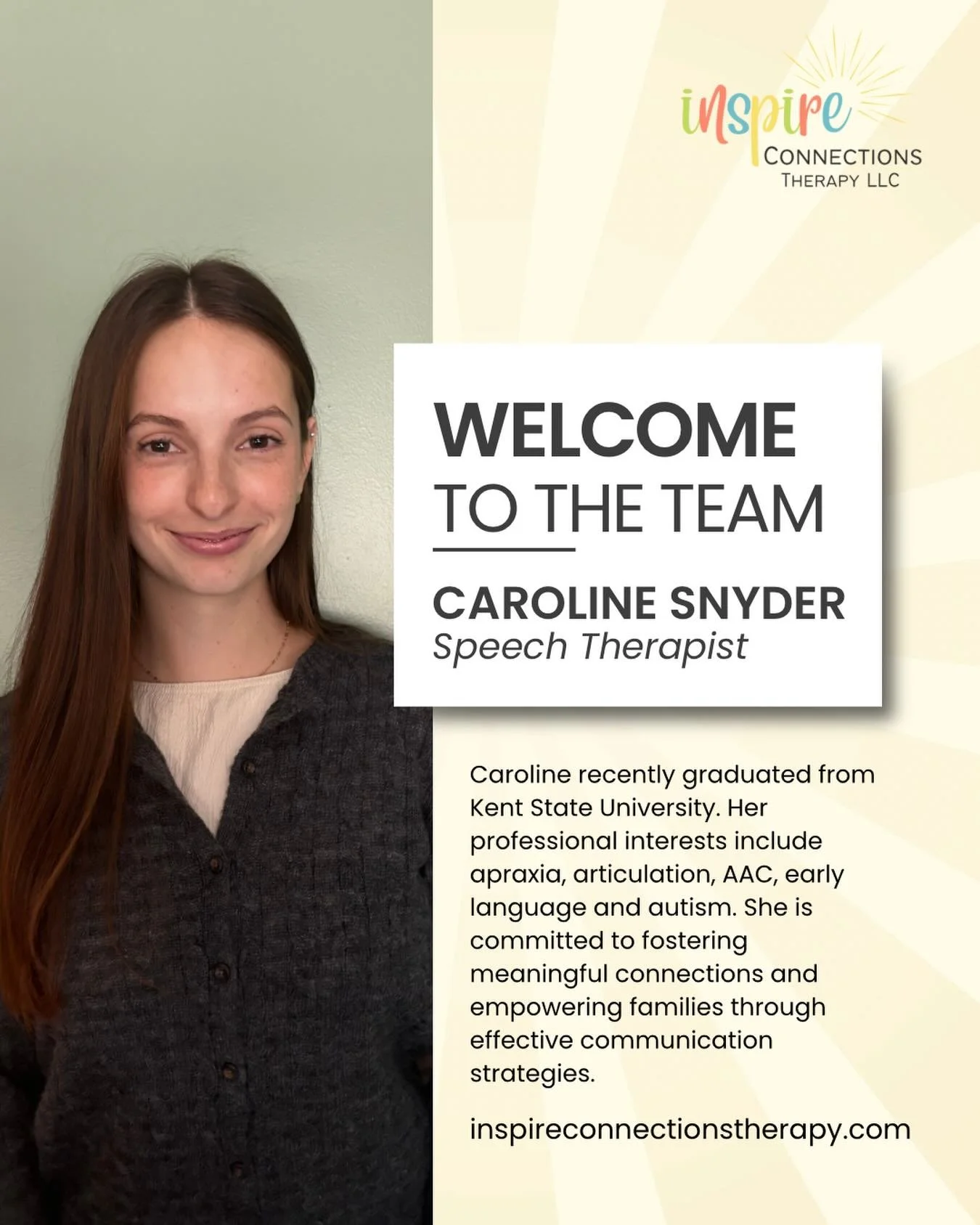 👋🏼 Welcome to the team Miss Caroline! 

We are excited to welcome a new speech therapist to the team! She recently graduated Kent State and is excited to start her career here! 

She is fitting right in and having fun with all her new clients! 

Jo
