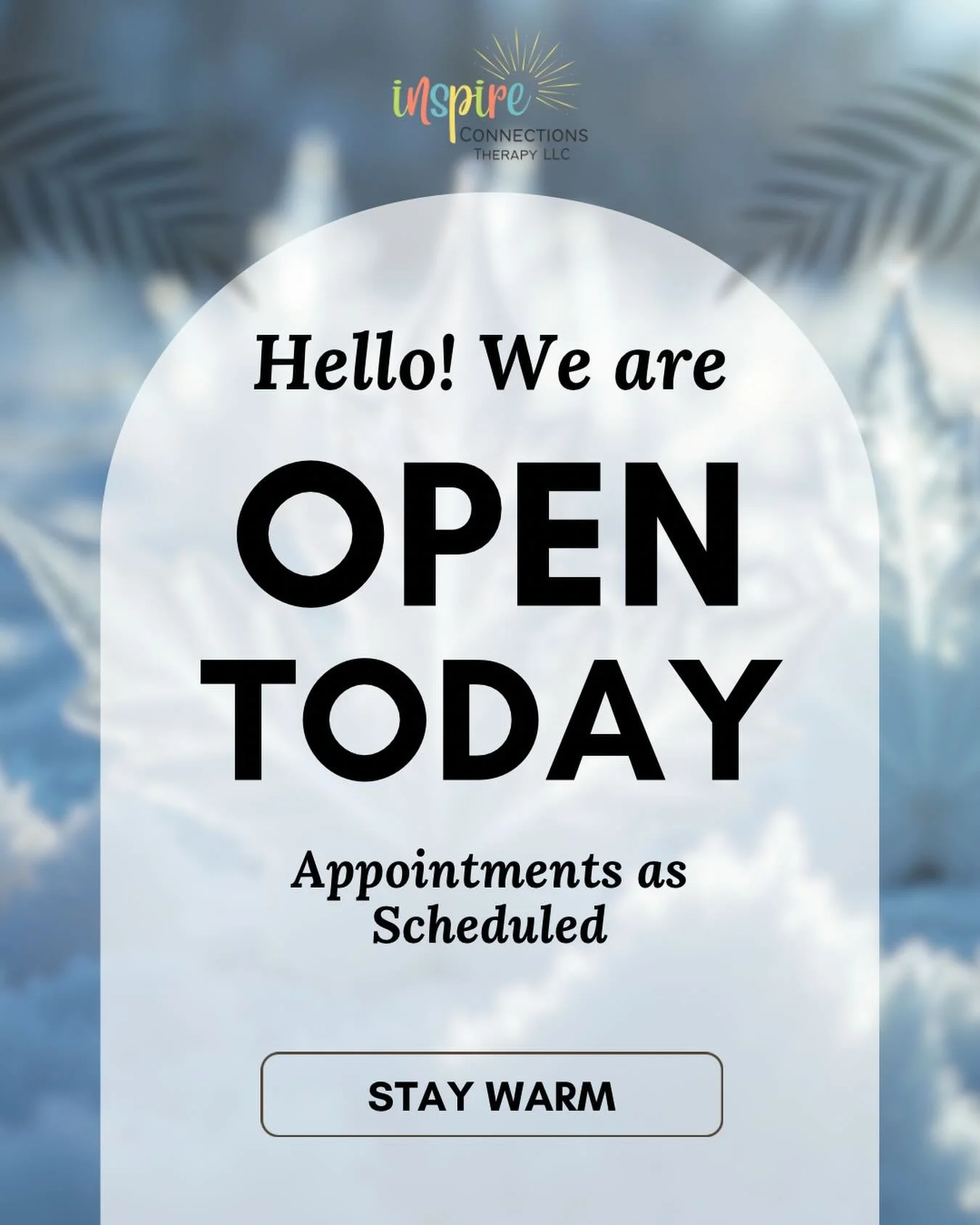 Tuesday January 20th, we will be open for all scheduled appointments. 

The office is nice and toasty and we are looking forward to seeing you! 

See you soon!