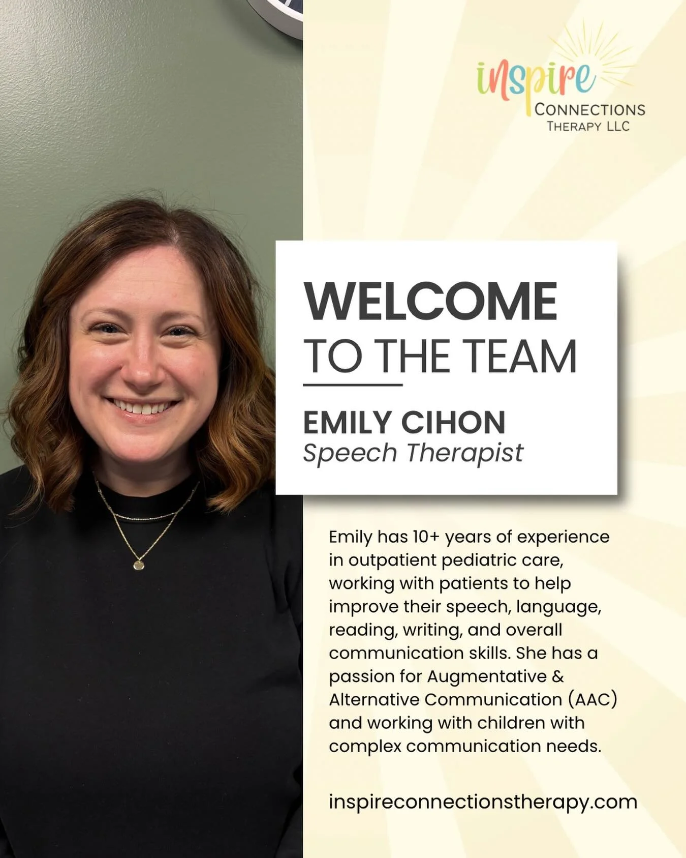 👋🏼 Welcome Emily to the Team! 

Emily is one of our part time speech therapists! She has over 10 years of experience and we are so excited for her to join our team! 

Fun fact: Lauren and Emily met when Lauren was in grad school doing an AAC extern