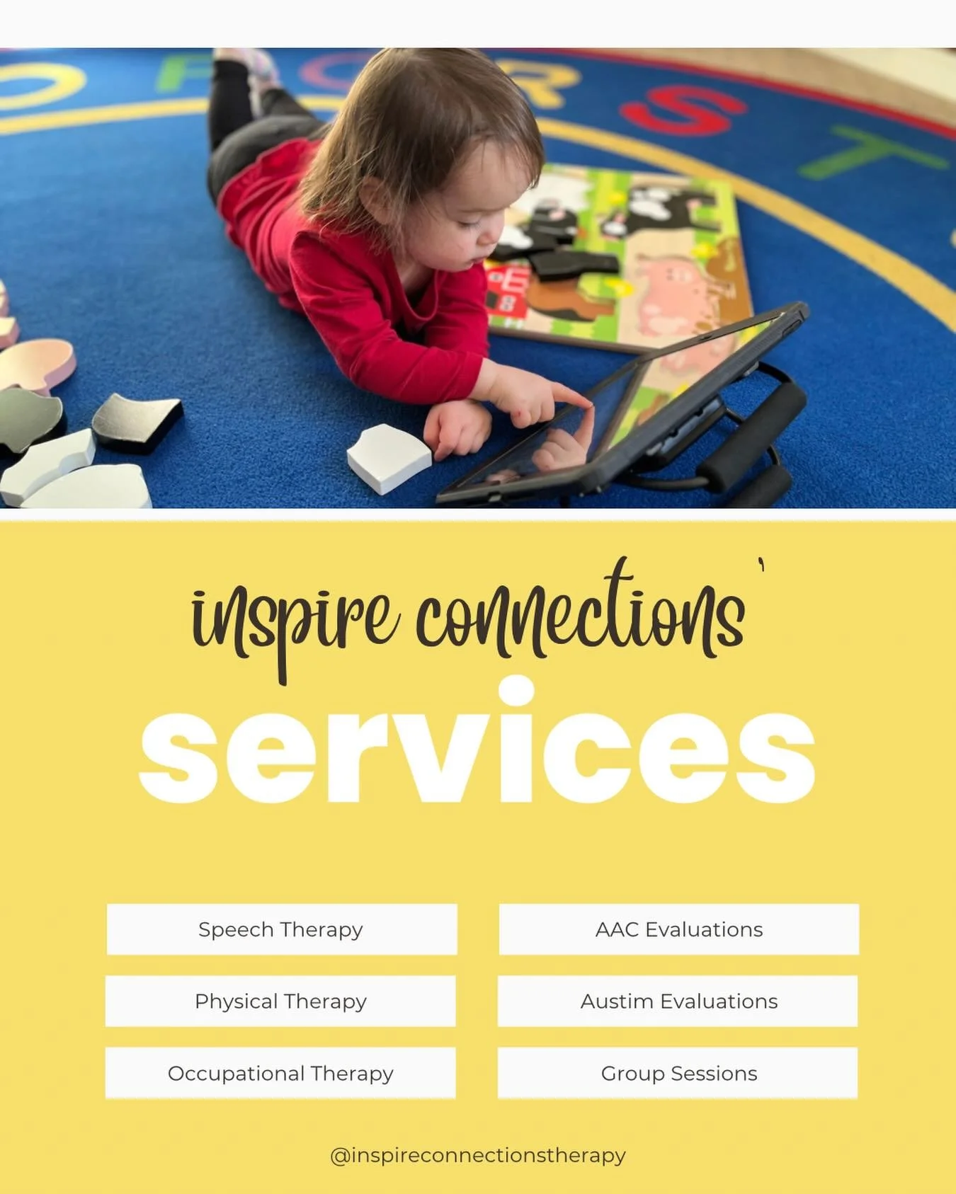 Let&rsquo;s talk about some of our services! 

We offer: 
💛 Speech Therapy
💛 Physical Therapy 
💛 Occupational Therapy 
💛 AAC evaluations 
💛 Autism evaluations 
💛 Grow with me motor groups

We work with kids of all ages to help them navigate and