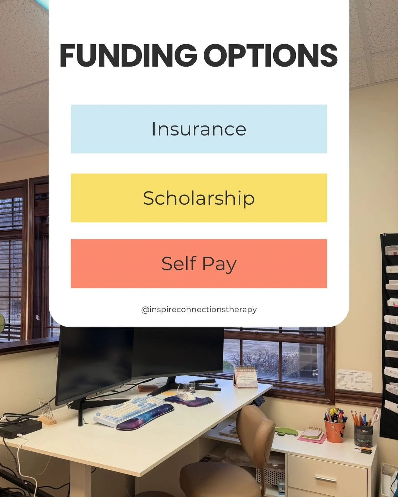 💲One of our most asked questions answered! 

How can we fund services for our child? 

✔️ Insurance 

We take Medical Mutual, Anthem Blue Cross Blue Shield, Anthem Medicaid, Cigna, CareSource Medicaid, and Complex Medical Health Program 

✔️ Scholar