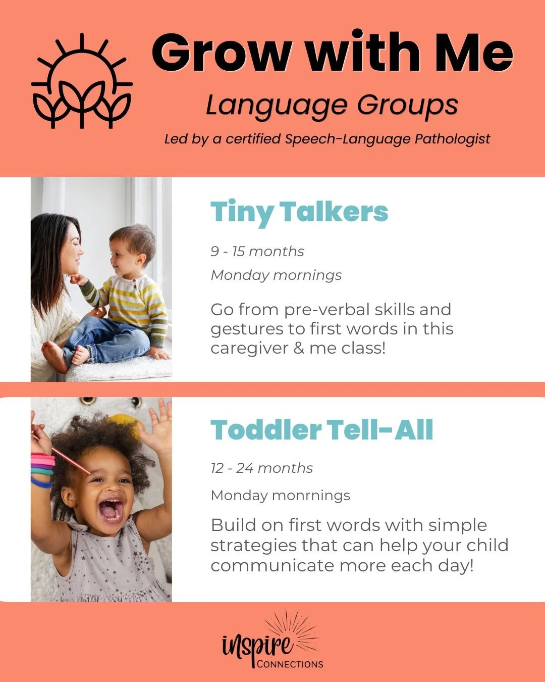 💬 Our language groups are open! 

Our Grow with Me series is designed to support caregivers in navigating early developmental milestones. This is a foundational piece of our Inspire Connections Community - helping parents support their little ones a