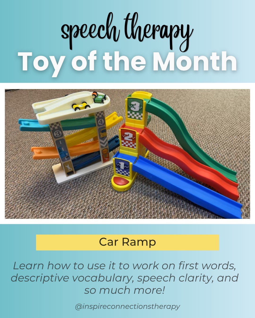 ⭐Speech Toy of the Month - CAR RAMPS

A favorite for working on early language skills, grammar, problem solving and more! 

 Why I love it: 
💛 It has a clear start and end, which generates endless opportunities for language practice! 

Ready to try 