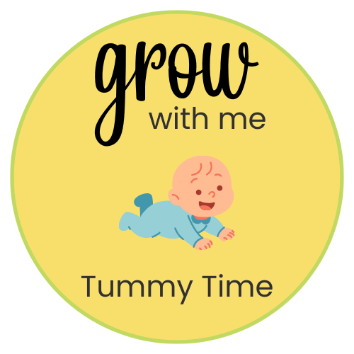 yellow circle with the words grow with me on the top, a picture of a baby on his tummy in a blue onsie, and the words tummy time on the bottom