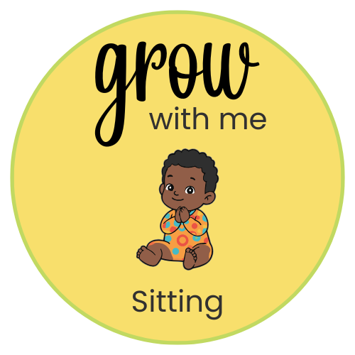yellow circle with the words grow with me on the top, a picture of a baby sitting in an orange onsie with dots on it, and the words sitting on the bottom