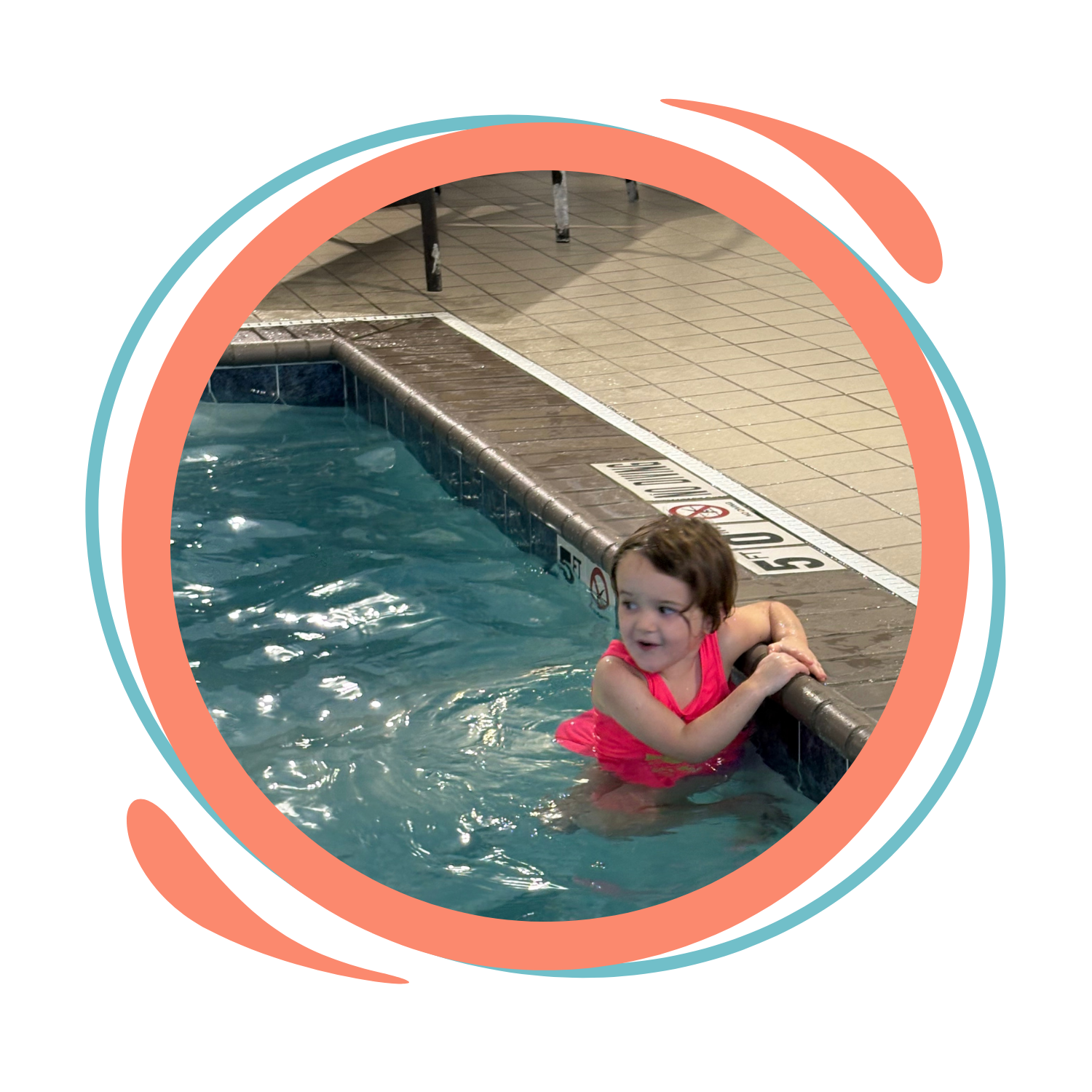 little girl with brown hair in pool holding on to side of the pool