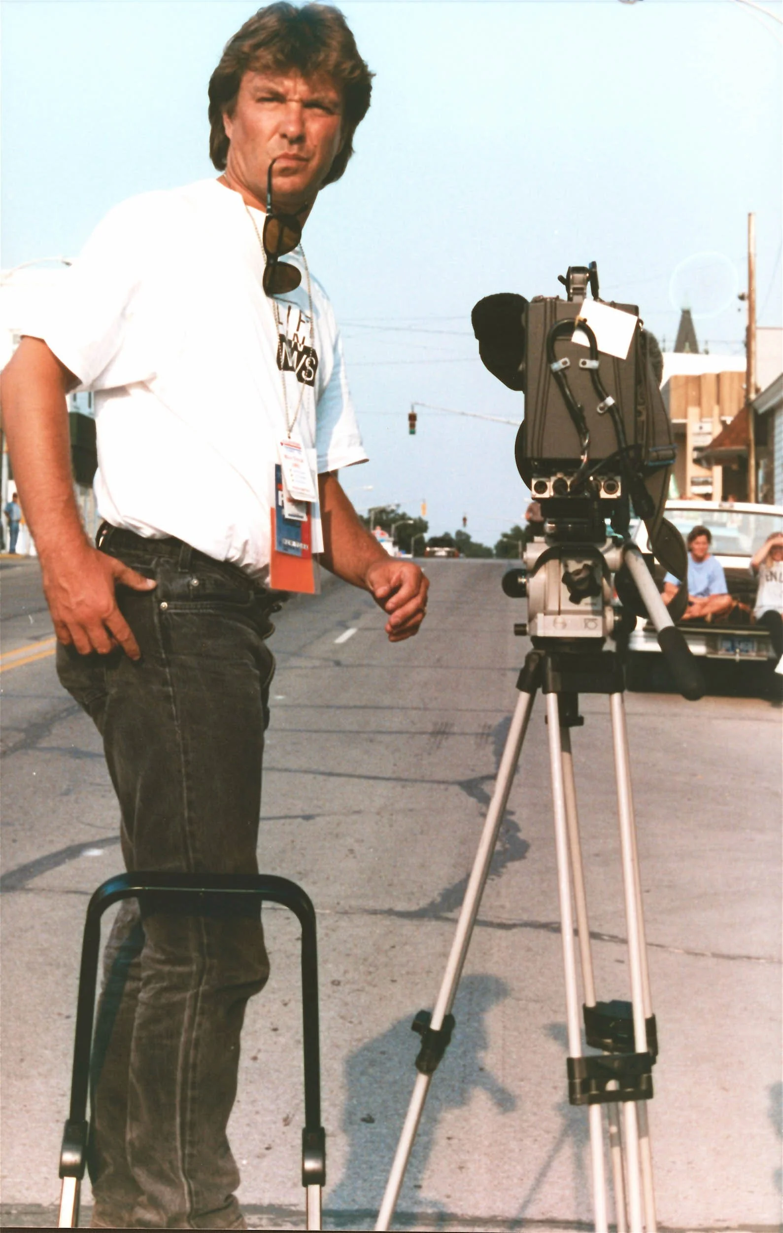 Cameraman Paul Dougherty with the Clinton presidential campaign, Ames Iowa