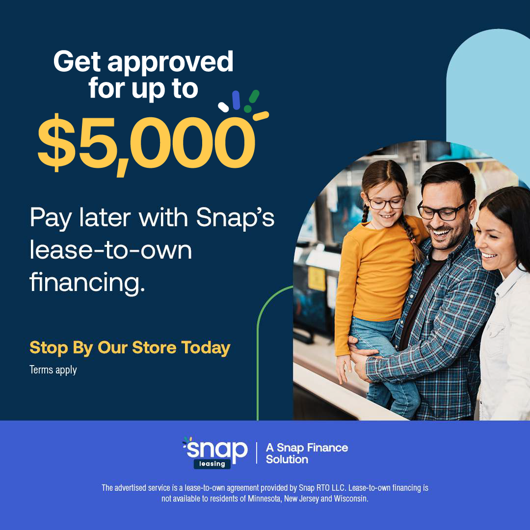 Advertisement for Snap lease-to-own financing offering up to $5,000 approval, with a photo of a smiling family shopping in an electronics store.