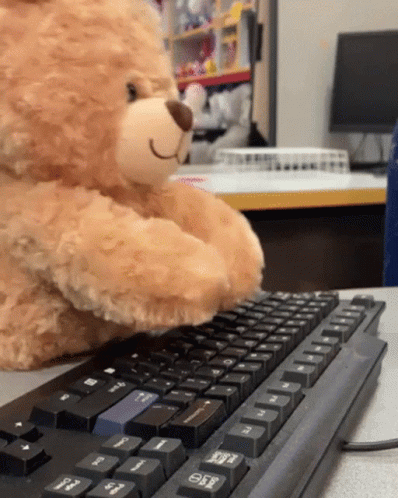 A teddy bear sitting at a computer keyboard in an office or classroom setting.