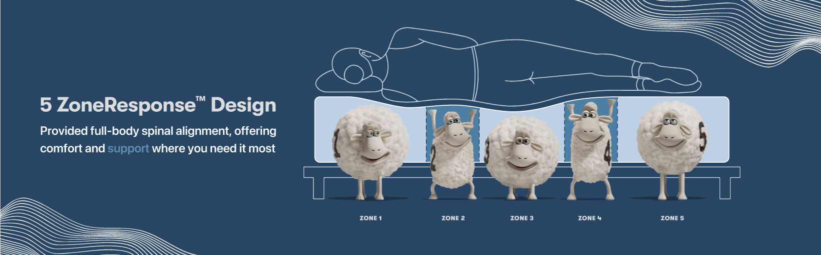 Illustration of a person lying on their side with five sheep figures labeled Zone 1 to Zone 5, representing different zones in a full-body spinal alignment concept for comfort and support.