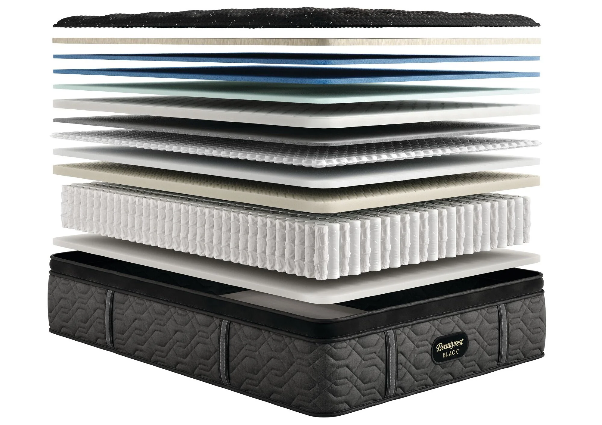 Disassembled mattress showing multiple layers including foam, springs, and padding on top of a mattress cover.