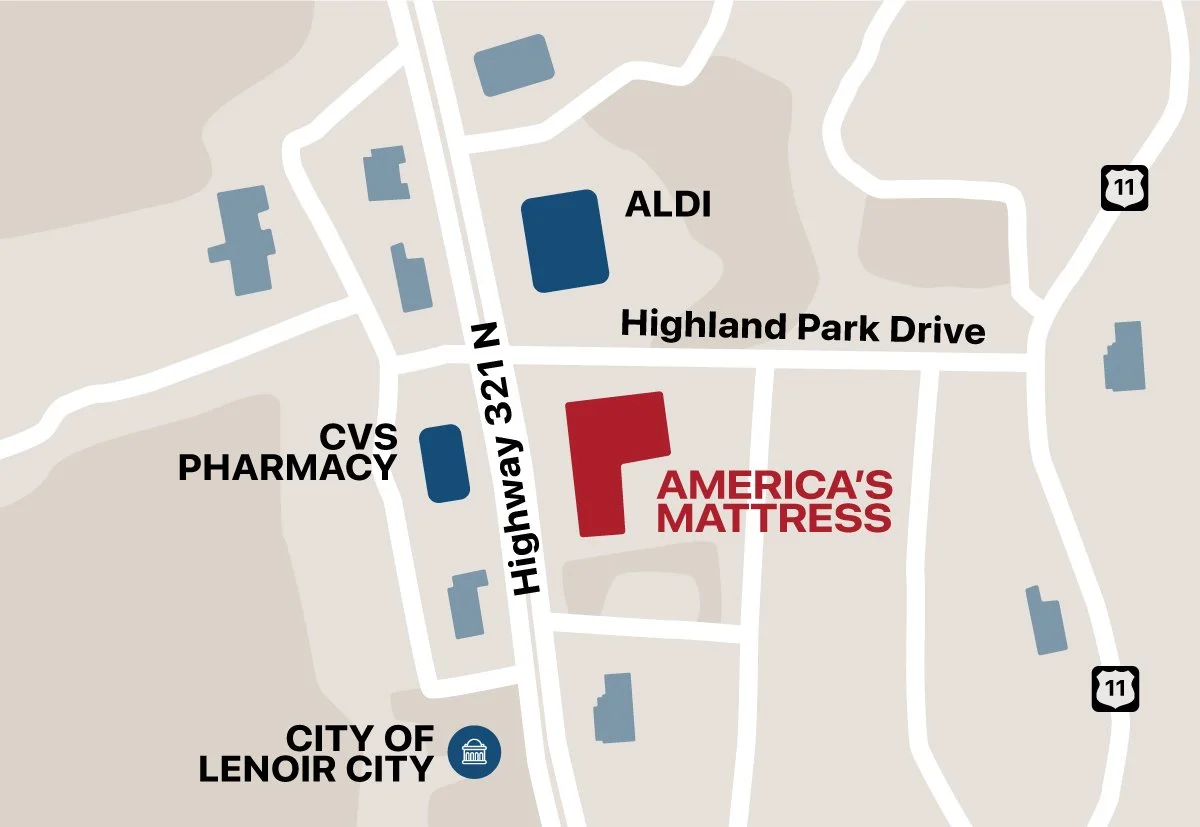Map showing the location of America's Mattress on Highway 321 N in Lenoir City, Tennessee, near CVS Pharmacy, ALDI, and the City of Lenoir City.