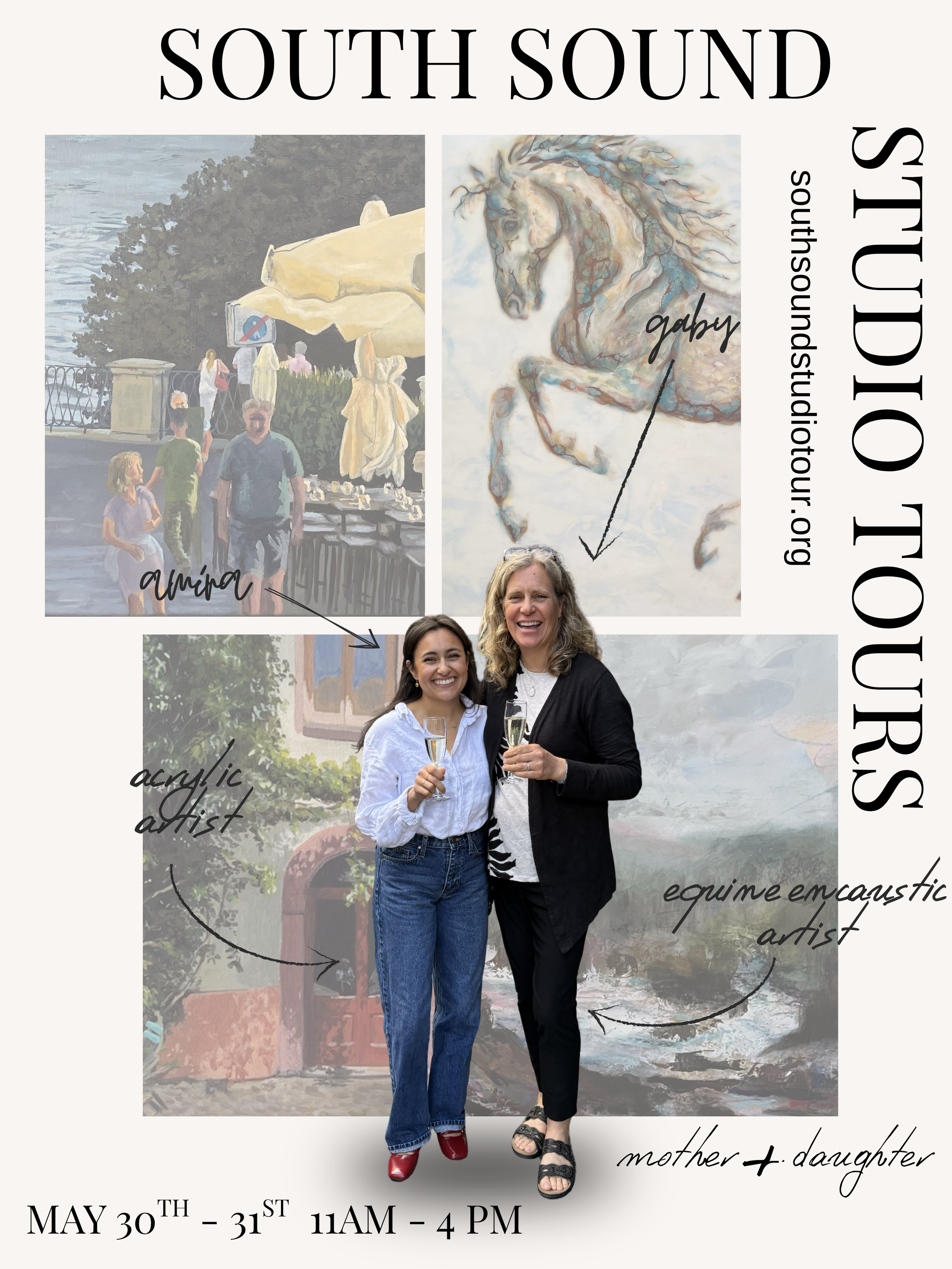 Event poster for South Sound Studio Tour, featuring artwork and photos of an unmapped acrylic artist, an equine encaustic artist, and a mother and daughter holding champagne glasses, scheduled for May 30th and 31st from 11 AM to 4 PM.