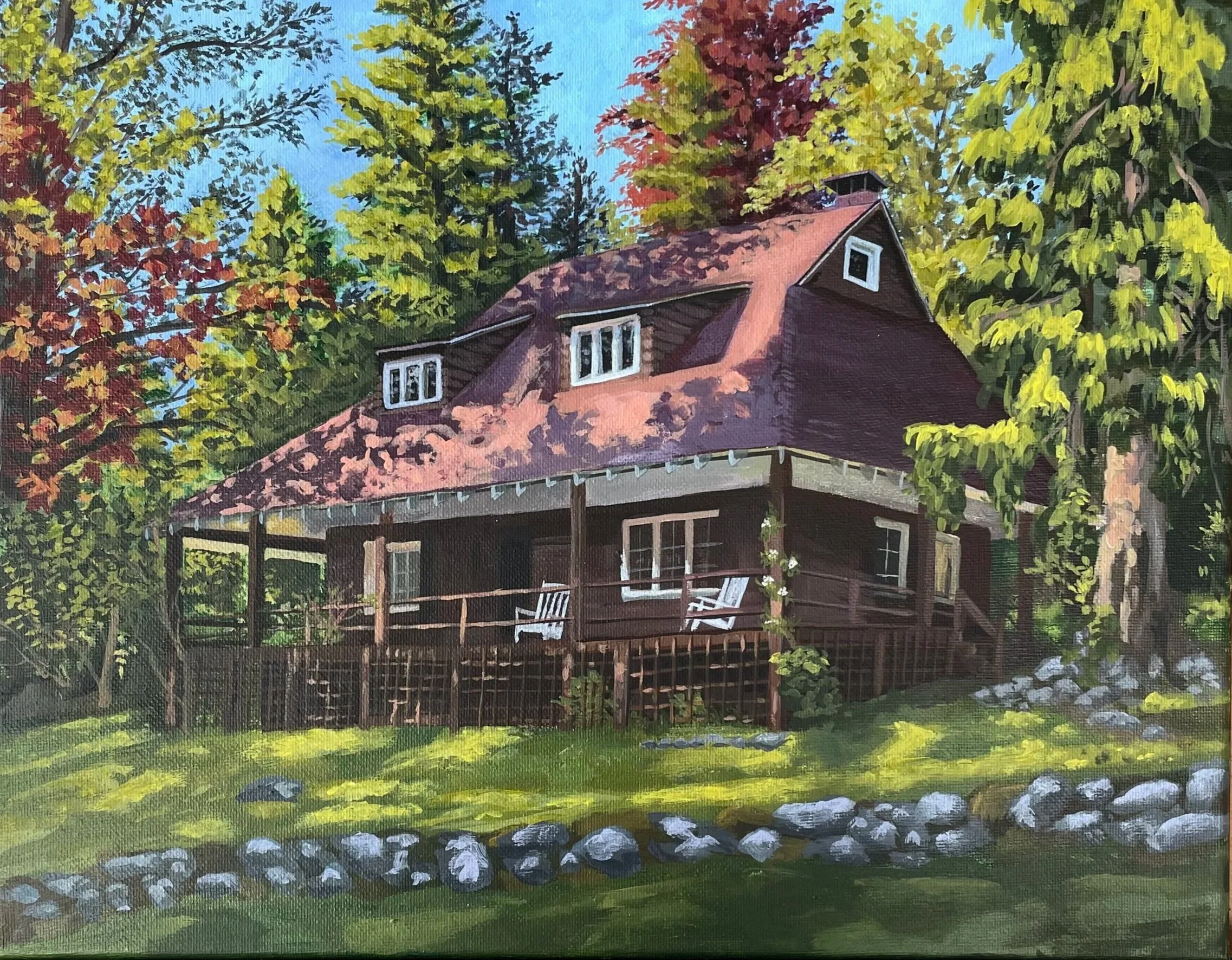 Custom Commission by Amira El-Sokkary, Seattle Based Artist. A cabin that had significant meaning to the couple that commissioned it. 