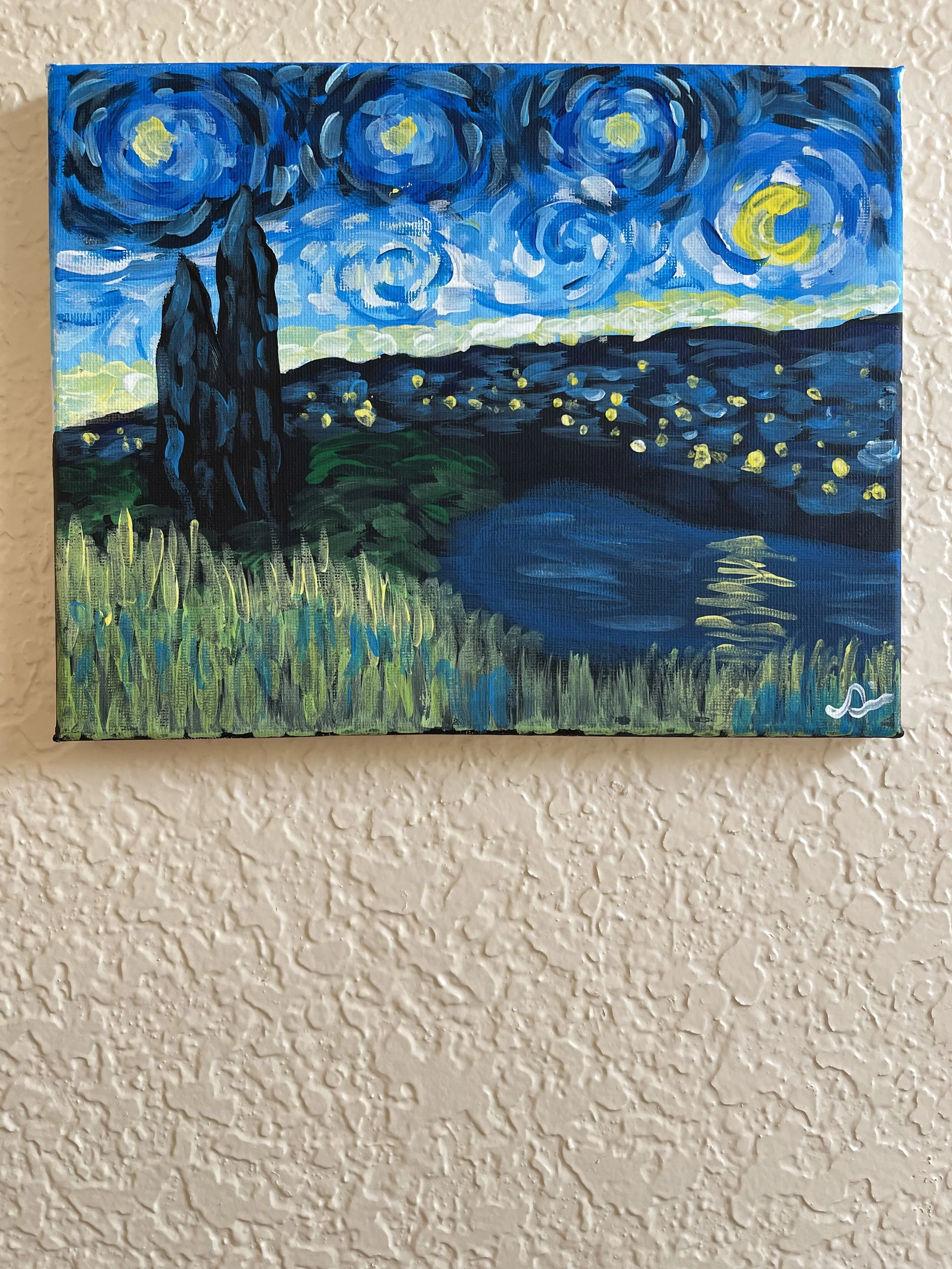 Impressionist painting of a night scene with a starry sky, a moon, hills in the distance, a body of water reflecting the sky, and tall grass and trees in the foreground.