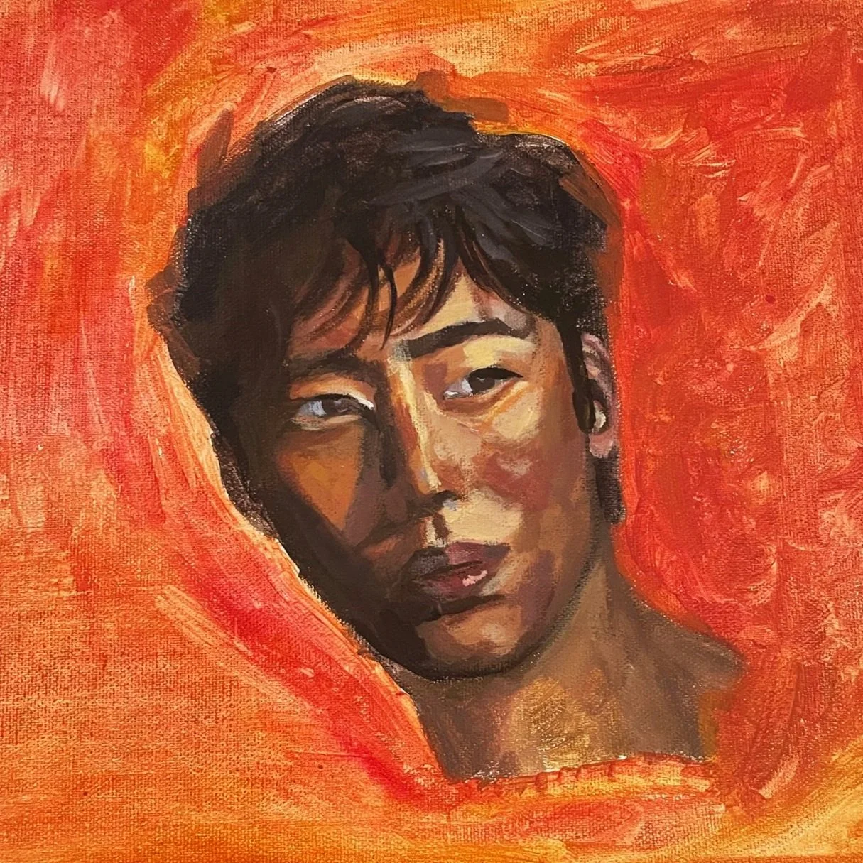 A black-and-white painting of three young men with dark hair and mustaches, sitting and standing around a table with bottles. Commission painted by artist Amira Elsokkary, in acrylic paints. Olympia, WA