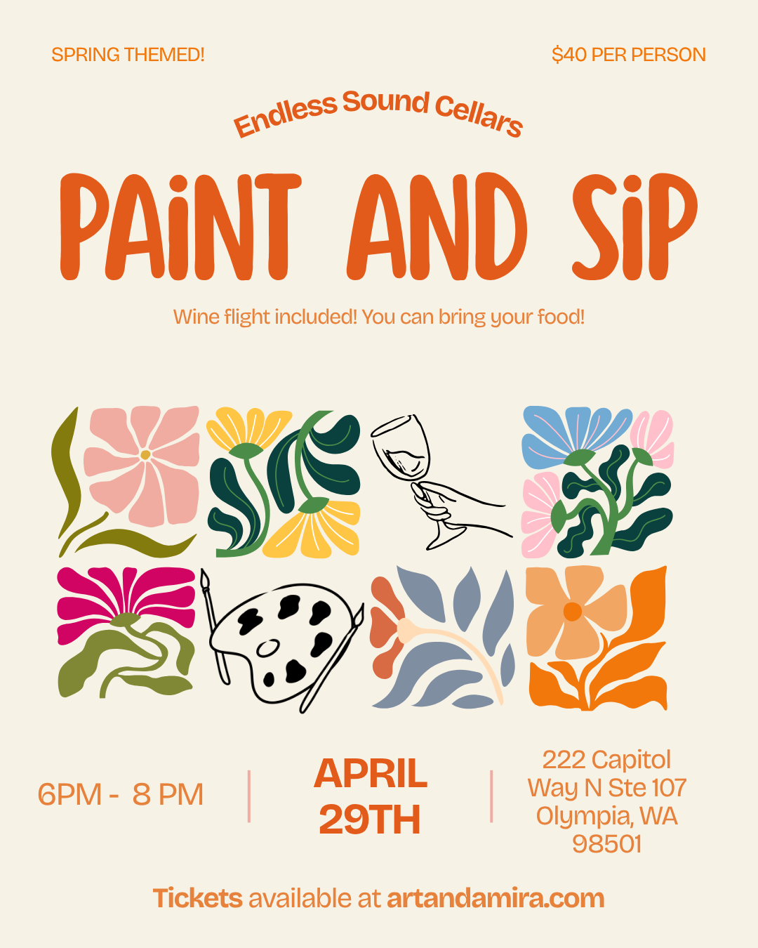 Paint and Sip Tickets at artandamira.com in Olympia, WA at Endless Sound Cellars! April 29th from 6 -8 PM, $40 per person
