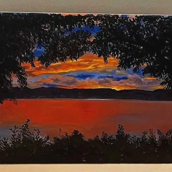 Abstract painting featuring a softly rendered portrait of a woman with greyish hair and gold accents, surrounded by bold orange, white, and grey brushstrokes, painted by Amira Elsokkary