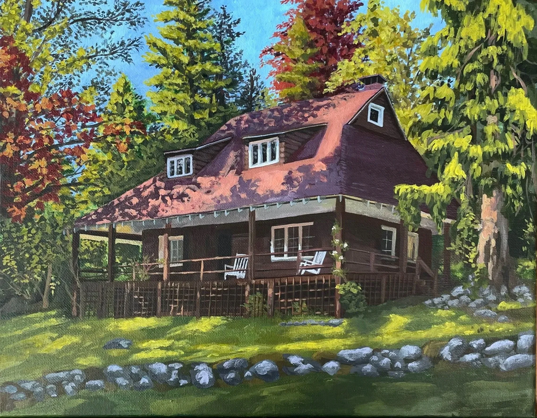 Painting by Amira Elsokkary, acrylic on Canvas. The upper floors show windows with shuttered panes and small balconies decorated with plants. There are outdoor tables with people dining and a waiter standing with a tray.